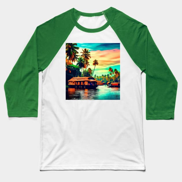 Elegant Kerala natural landscape of coconut trees sunset sky river and houseboat Baseball T-Shirt by Mandalasia